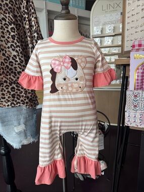 Girls Pink & Cream Striped Horse Appliqué Ruffle Footie - Kids One-Piece